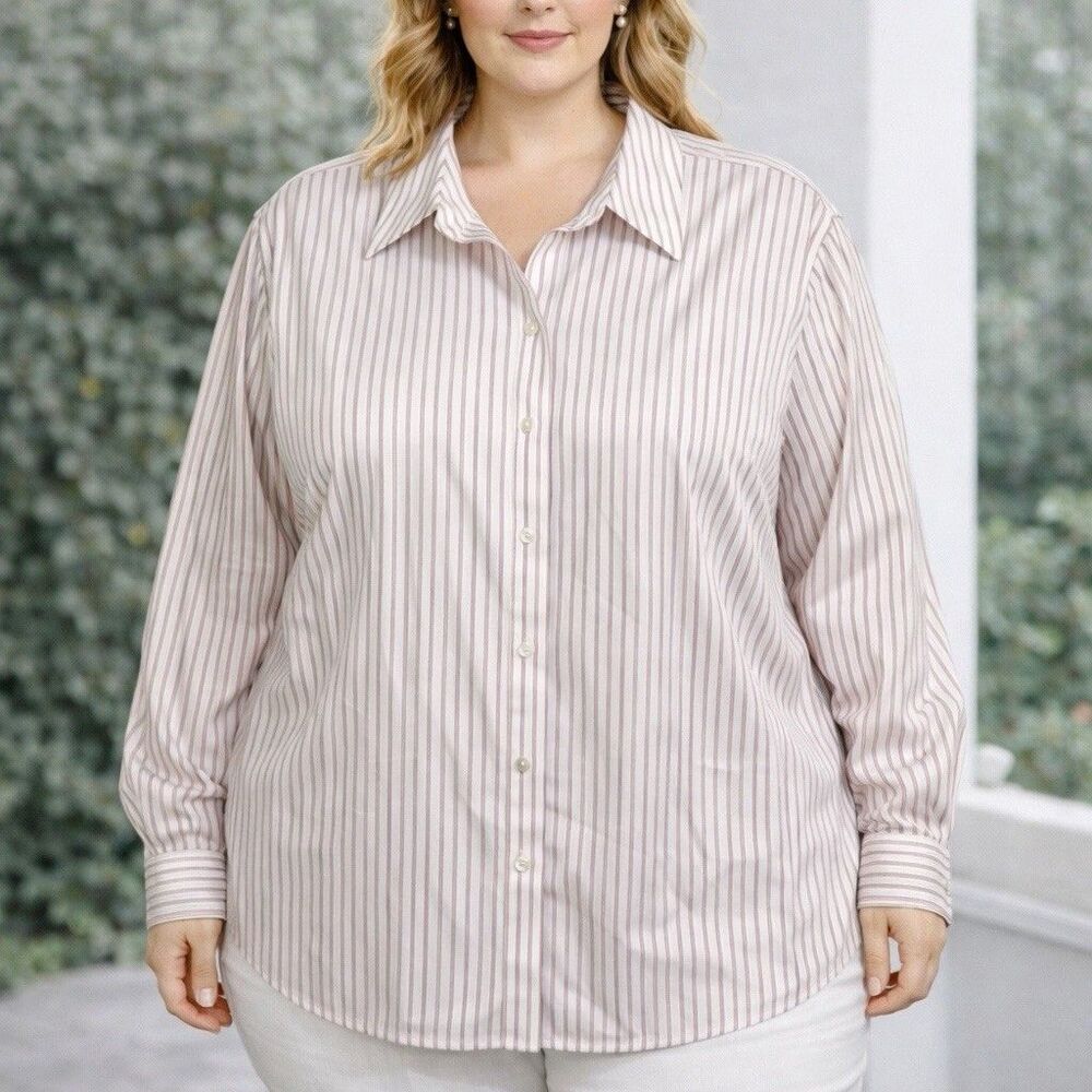 Talbots Button Shirt Women Size 22WP Striped Red White Wrinkle Resistant Office